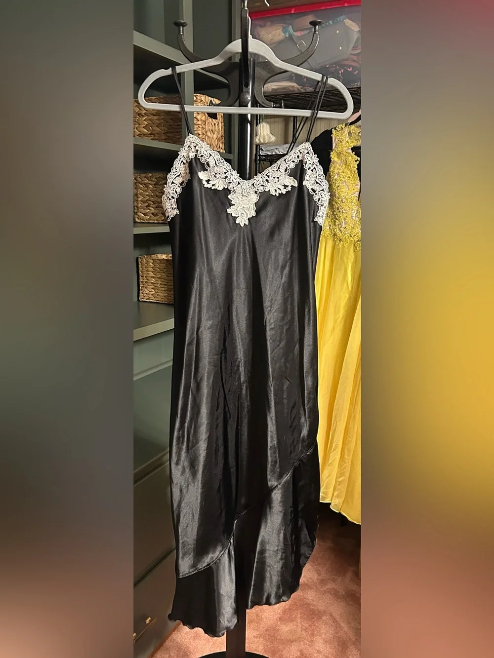 Verena Black Satin Lace Trim Slip Dress Asymmetrical Hem Nightgown L - Picture 4 of 10